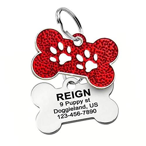 Custom Engraved Bone Paw Dog Tag ID, Stainless Steel Sparkly Cute Tag for Small Dogs & Puppies with Split Ring and Your Personalized Name and Contact info