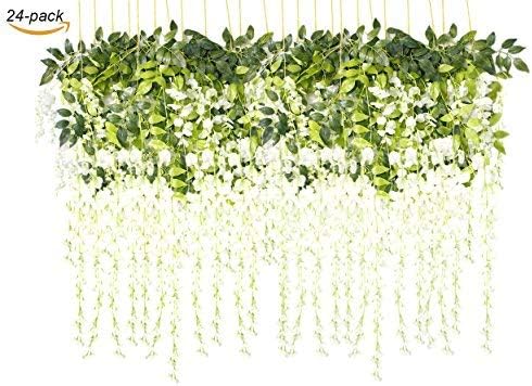 Gucilaly 3.6 ft Artificial Wisteria Flowers Bulk, 24 White Hanging Silk Fake Vine Rattan Flower String for Home Party Wedding Decor