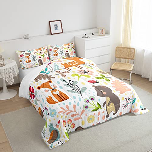 Erosebridal Kids Fox Comforter Set Twin,Cute Woodland Bear Deer Down Comforter For Boys Girls Bedroom,Cartoon Owl Lovely Animal Wildlife Bedding Sets Flower Leaves Quilt Duvet Set 2 Pcs Colorful #TOP3