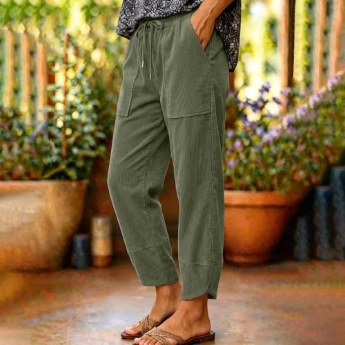 Womens Corduroy Wide Leg Baggy Pant High Waist Drawstring Pocket Split Hem - image 2