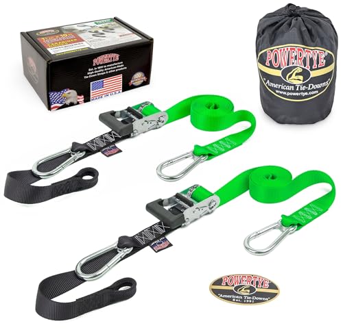 Image of PowerTye 1.5 inch x 10ft Extra Long Ratchet Tie Down Straps, Heavy Duty with Carabiner Hooks, Soft-Tye & Bag, for Motorcycle, ATV & Cargo - 1,000 lb WLL - Made in USA - Green /Black Pair