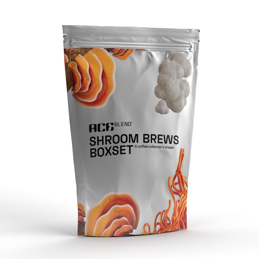 Ace Blend Shroom Brews Box Set | 6 Servings | Gift Hamper | 3 Mushroom Coffees (Cordyceps, Reishi, Lion's Mane) | Gold Standard Superfoods | Battery Operated Coffee Frother | Foam Maker