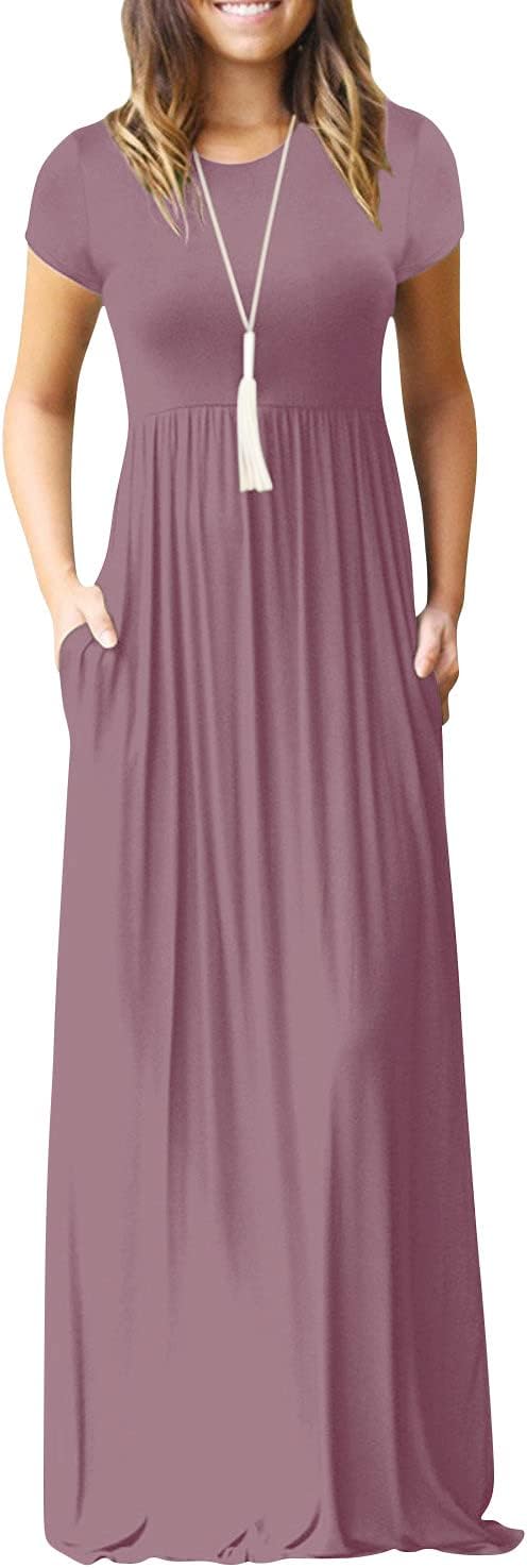 EUOVMY Women's Short Sleeve Loose Plain Maxi Dresses Casual Long Dresses with Pockets
