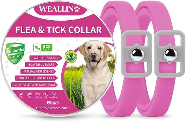 WEALLIN Flea Collar for Dogs, Dog Flea Collars, Dog Flea Treatment, Water-Resistant Adjustable Flea and Tick Dog Collar, 8 Months Natural Protection, 2 Pcs Dog Flea Collar for All Sized Dogs, Pink