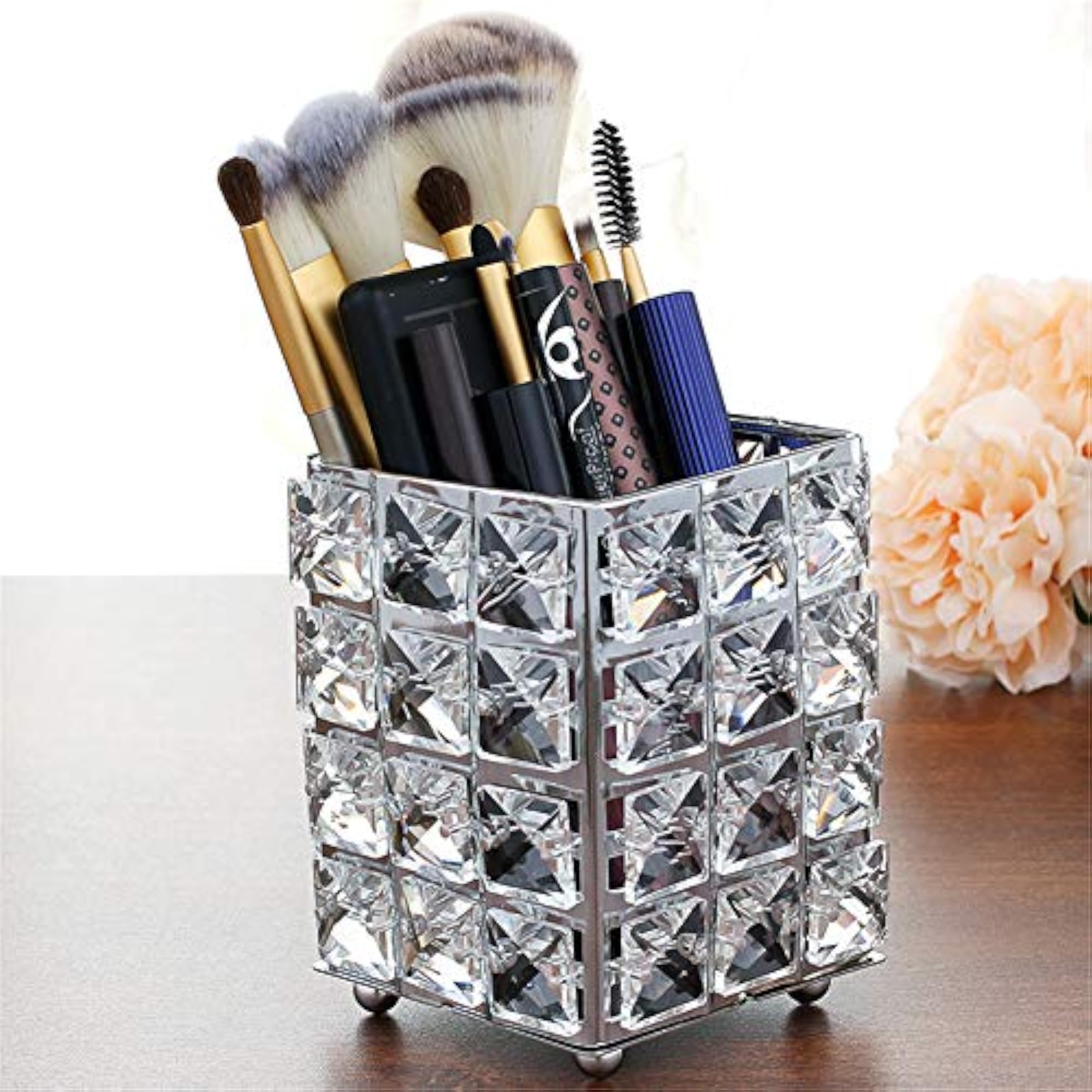Crystal Bling Makeup Brush Holder Organizer, Silver Square