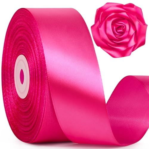 Image of Mauproy 1-1 /2 Inch Wide Hot Pink Satin Ribbon, 50 Yards Solid Polyester Fabric Ribbon for Roses Making, Gift Wrapping, Flower Bouquets, Wedding Decorations, Handemade Crafts