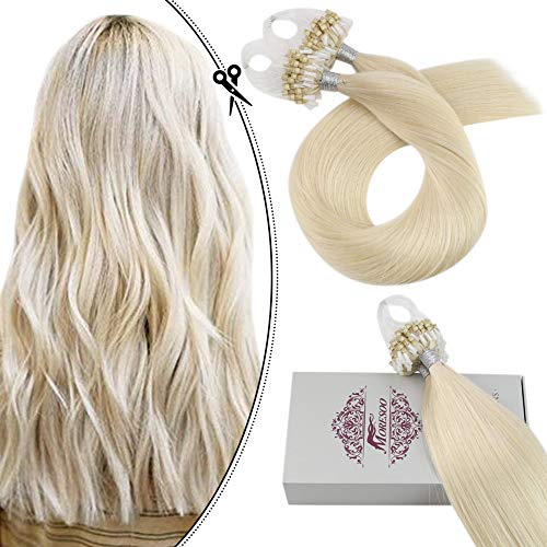 Moresoo 24 Inch Micro Beads Human Hair Micro Loop Hair Extensions Platinum Blonde #60 Real Human Hair Extensions 50g 50 Strands