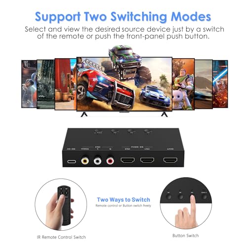 Image of 3-Port 8K@60Hz HDMI Switch with AV Input, 2X HDMI & 1x RCA to HDMI Converter Supports HDR10, HDCP 2.2, 3D with IR Remote Control, Compatible with Xbox /PS2 /Nintendo Switch,Xbox,PS5 /PS4,Roku,Apple TV