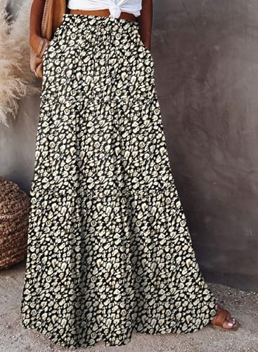 Image of Happy Sailed Womens Floral Print Boho Maxi Skirt Elastic High Waist Pleated Ruffle Flowy Long Skirts S-XL