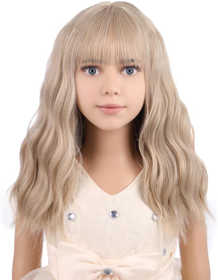 Blonde Wig Short for Kids Girls Wavy Wig with Bangs Child Flaxen Blonde Wigs Synthetic Cosplay Halloween Party Costume Wigs (Flaxen Blonde)