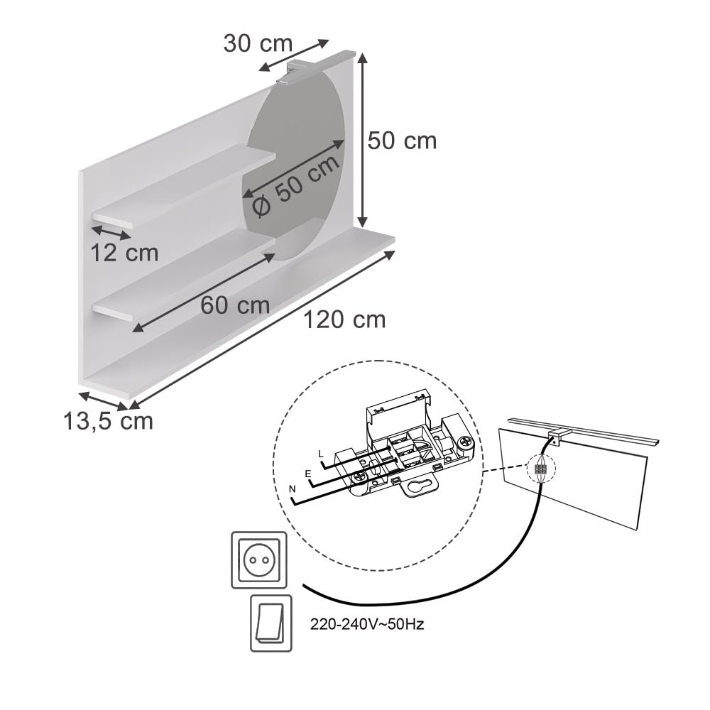 Vicco Specchio con mensola Avena, Bianco, 120 x 50 cm con 3 scomparti aperti, per montaggio a parete con illuminazione LED integrata