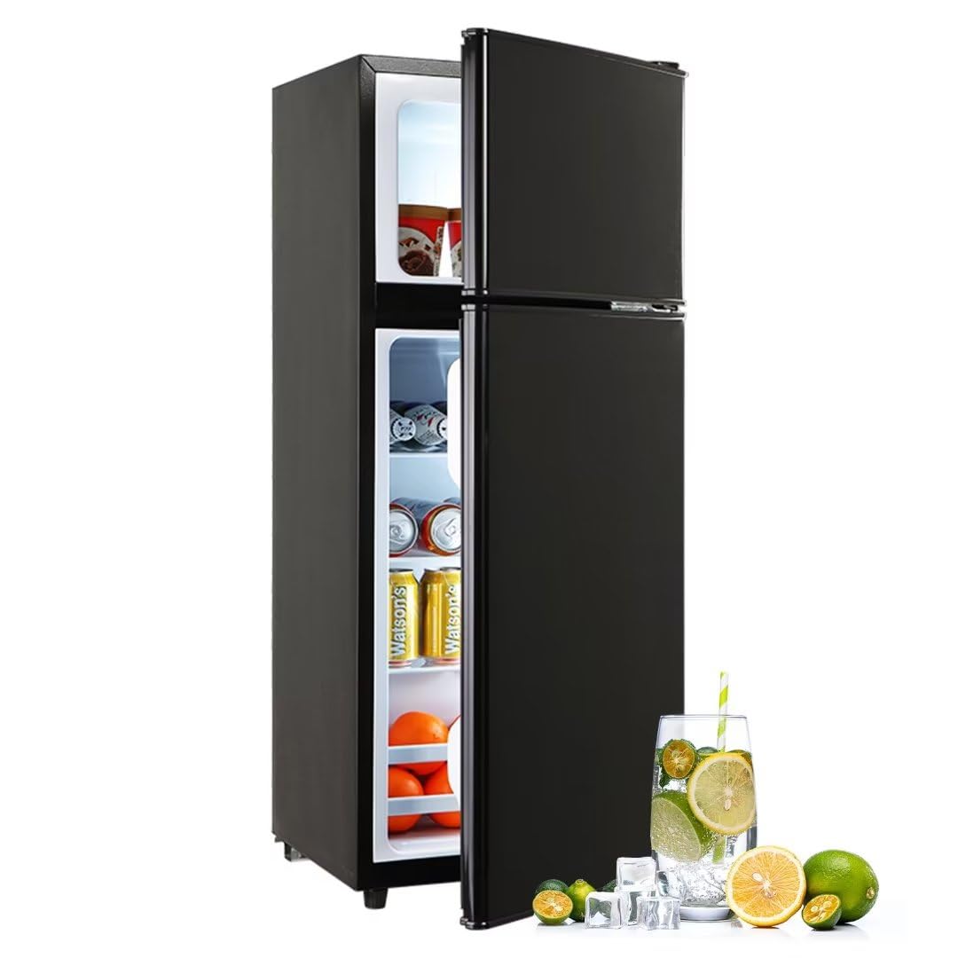Fridge, Office Fridge, Small Refrigerator, Portable Refrigerator, Compact Fridge with Freezer 3.5 Cu.Ft, 2 Doors, 2 Removable Glass Shelves for Kitchen, Bedroom, Office, Dormitory, Bar, Black