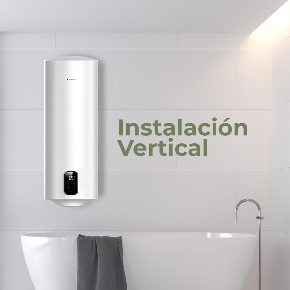 Aspes Termo Eléctrico 80 Litros, AT8000SDW. 1500W, Kit de Montaje Incluido, Resistencia de Acero Esmaltado, Termostato Digital, Temperatura Máx 93 º, Blanco, Eficiencia Energética B