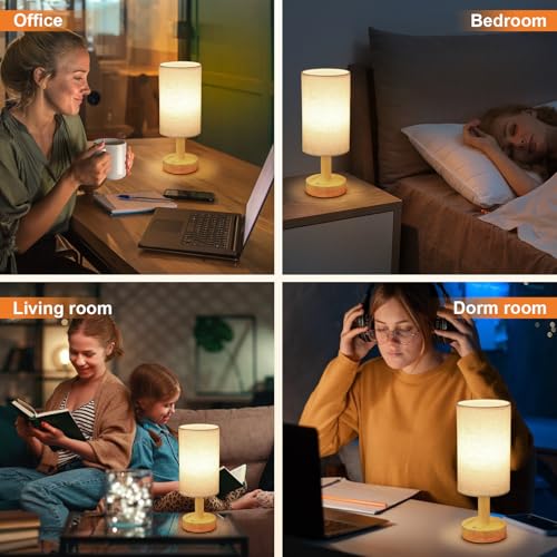 Image of Rechargeable Cordless Touch Table Lamp with Stepless Dimming,Natural Wood Base&Linen Shade,Small Battery Wireless Ambient Night Light for Bedroom,Bedside,Nightstand,Nursery,Kitchen,Camping,Outdoor