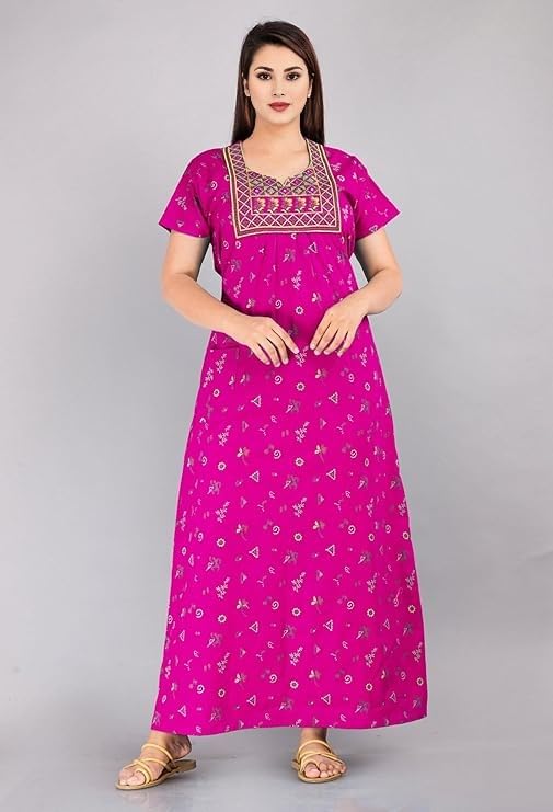 Image of OFEEFAN Women's Cotton Embroidered Jaipuri Nighty Gown - Pack of 2 Rajasthani Print Maxi Night Dress with Pocket - Soft & Comfortable Ladies Sleepwear & Loungewear