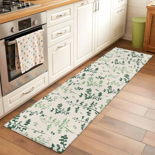 Runner Rug 2'x6', Sage Green Botanical Washable Non-Slip Hallway Runner
