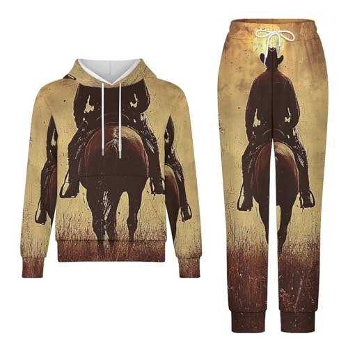 Boys Girls Sweatshirt Set 2 Piece Pullover Hoodie Kid Jogger Sweatpants, Western Cowboy Horse West Vintage4