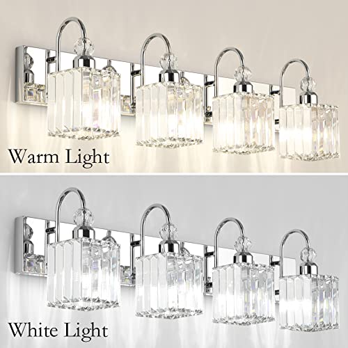 Image of Ralbay Chrome Crystal Vanity Light 4-Lights 31.5'' Modern Bathroom Wall Lighting Over Mirror