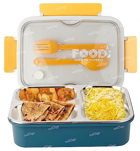 Image of Zest 4 Toyz Lunch Box for Kids Adults 3 Compartments Tiffin Box Stainless Steel with Spoon & Fork Eco-Friendly Lunch Food Containers for School, Office - Multicolor