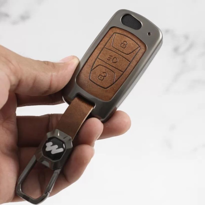 Image of Metal Keycover for Punch, Harrier, Nexon, Altroz, New Safari, Tiago, Tigor - 3 Button Flip Key (Metal Leather)