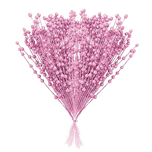 ASSR 100Pack Christmas Glitter Berries Stems,15.7in Fake Christmas Picks Glitter Sticks,Artificial Fruit Berry Picks for Xmas Tree Ornament -Pink