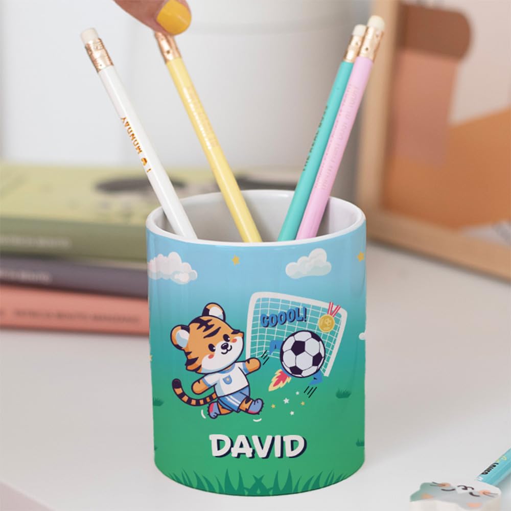 Transparent Gift Portalápices Infantil Personalizado con Nombre Fútbol. Lapicero Personalizado para Colegio y Habitación. Organizador de Escritorio para Niños y Niñas. Accesorios para Vuelta al Cole