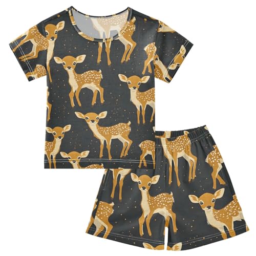 ALAZA Yellow Deer Cartoon Pajamas Set Short Sleeve Cotton Sleepwear Summer Pjs 2 Piece 5-14Y