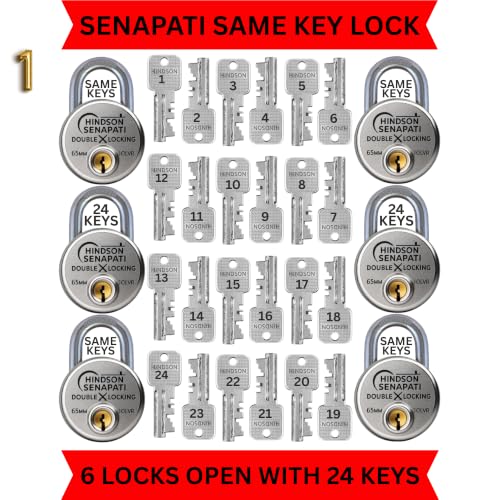 Image of Hindson Same Key Senapati 65mm Round Padlock, Pack of 6 with 24 Same Keys, Hardened Shackle, 10 Lever Mechanism, Heavy Duty, Double Locking Security Lock for Gates, Doors & Shutters (Silver)