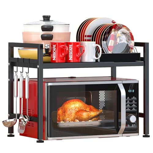PUSDON Microwave Oven Rack Extendable Shelf Heavy Duty Stand Counter Top Organizer, Adjustable Microwave/Toaster Kitchen, 2-Tier with 3 Hooks, 160lbs Weight Capacity, Black-Microparticles