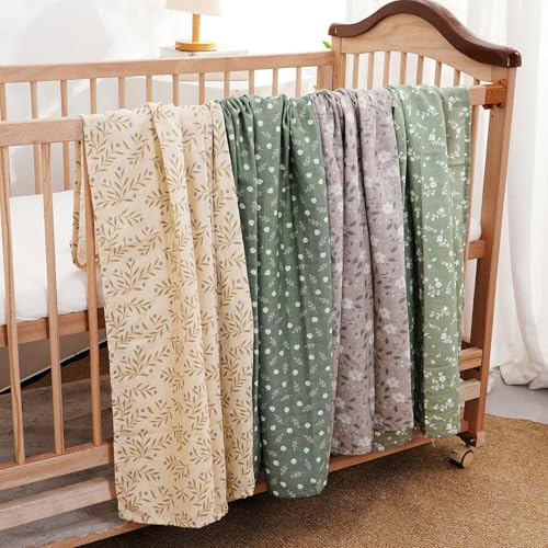 Image of 4 Set Muslin Swaddle Blankets Receiving Blanket for Newborn Baby | Boys, Girls Cute Soft Print Baby Towel Wrap 120x110cm Baby