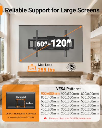 Image of Perlegear Full Motion TV Wall Mount with Power Strip for 60-120 Inch TVs | Heavy Duty TV Mount Wall Bracket, Holds 255 lbs, Tilt, Swivel, Extension, Fits 16″ /24″ /32″ Wood Studs, Max VESA 900 x 600mm