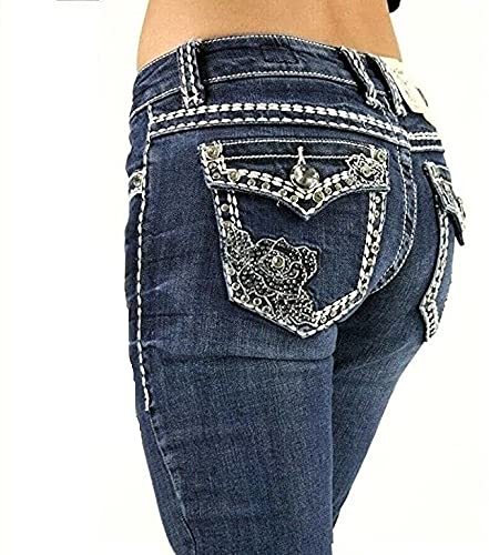 Women's Ripped Bootcut Jeans Mid Rise Flare Bottoms Vintage Distress with Rhinestone Pockets S96-PB3