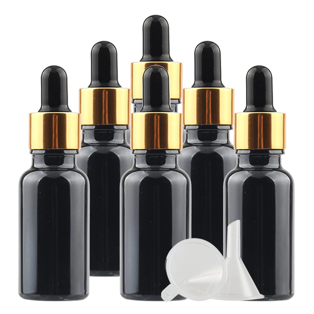 24 Pieza, 20ml Negro Frasco Cuentagotas Cristal con Tapón de Rosca Oro, Botellas de Cristal con Pipeta, para Cosmético Aromaterapia Aceites Esenciales