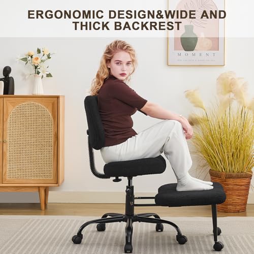 Image of Ergonomic Criss Cross Legged Office Chair, ADHD Chair, Wide Height Adjustable Seat 360 Swivel Footstool with Wheels, PU Leather Meditation Kneeling Chair, for The Restless Home Workers, Black