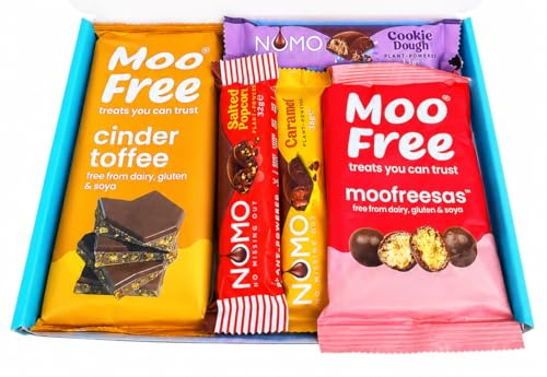 NOMO & Moo Free Chocolate Selection Hamper Gift Box | Cinder Toffee Large Bar | Free From Dairy Free Gluten Free & Vegan | Hamper Exclusive To INTERGALACTIC SWEETS