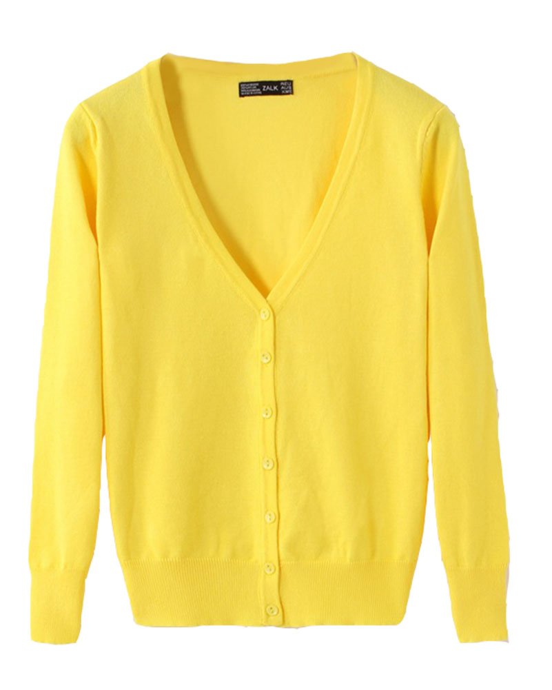Women's Basic Cardigan V Neck Knit Spring Button Down Long Sleeve Sweater Outwear Yellow XL