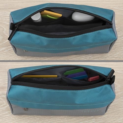 Image of Five Star Pencil Pouch 9-Pocket Zipper Storage Organizer Case for Office Supplies Earbuds Chargers Cables Makeup, Grey /Teal (505600D)