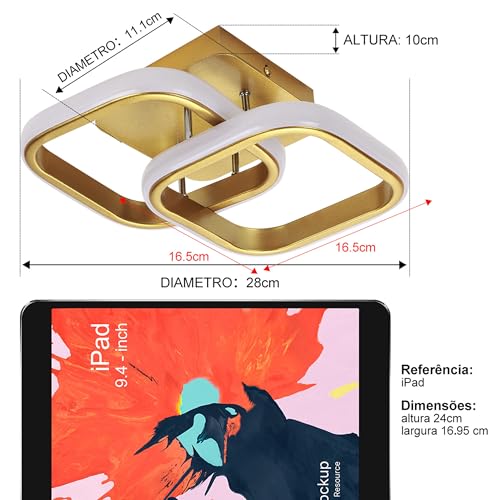 Luminária De Teto LED Quadrada E Moderna, Luz De Teto Ouro Para Corredor, Quarto E Sala De Estar, 30