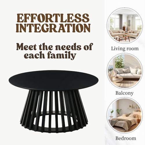 Image of HNY Black Round Coffee Table, Wood 31.5 inch Center Table for Living Room | Modern Mid Century Circle Coffee Table with Fluted Base for Outdoor Patio, Home Small Space, Bedroom, Apartment, Studio