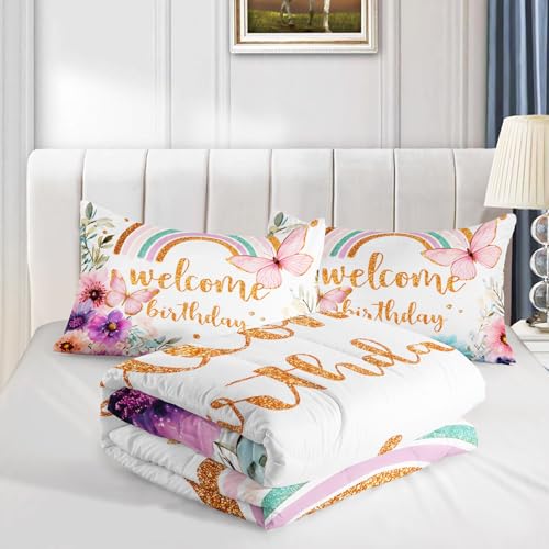 Image of AILONEN Queen Welcome Birthday Comforter Set, 3 Piece Rainbow Floral Butterfly Bedding, Gold Script Party Decor, Lightweight Microfiber Luxury Guest Master Bedroom