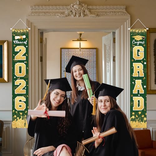 Image of 2026 Graduation Porch Sign Banner Green Gold | Class of 2026 Congrats Grad Porch Sign Banner Hanging Flag Graduation Party Decorations for School College Classroom Decor