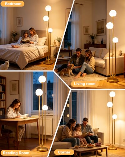 Image of 63IN 3-Light Dimmable Floor Lamp, Unique Gold Tall Standing Lamps with 3000K G9 Bulbs for Reading, Mid Century Modern Floor Lamp with 5Lbs Heavy Base for Living Room Bedroom Home Office