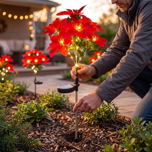 Lovskoo Solar Lights Outdoor Red Poinsettia Solar Christmas Garden Lights | Solar Christmas Pathway Stake Lights, Waterproof Outdoor Decorations for Pathway Yard Garden Christmas Decor - image 3