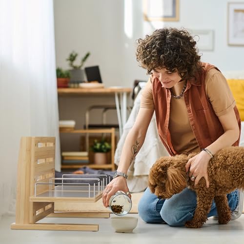 Relaxdays Futterstation Hund, höhenverstellbare Hundebar, HBT: 37x55x36 cm, Napfständer mit Silikonmatte, Bambus, Natur