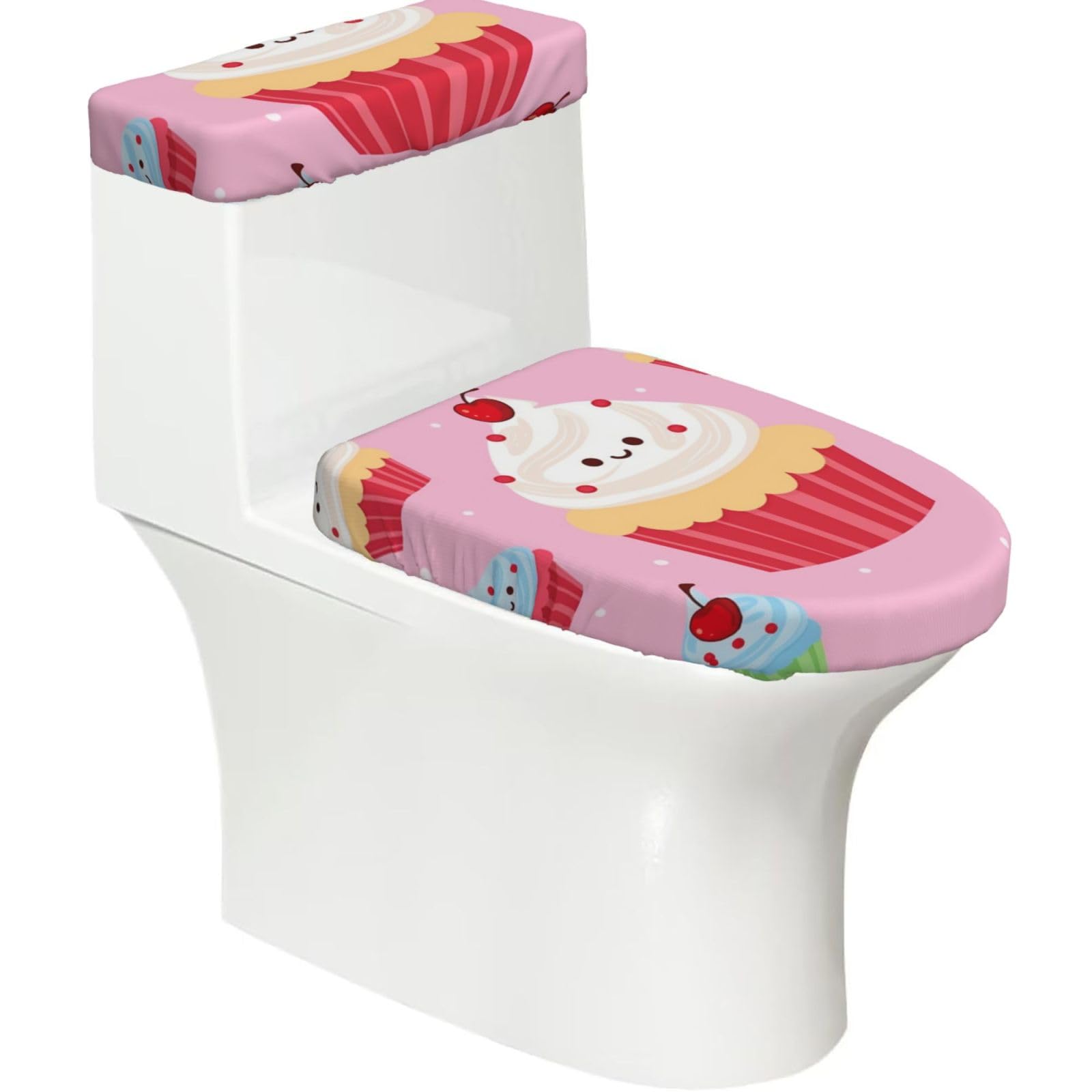 Fodpand Black Cute Cupcake Toilet Lid Cover And Toilet Tank Cover Set, Washable Soft Toilet Seat Cover With Elastic Bottom, Universal Stylish Toilet Cover Set For Bathroom Decor Accessories