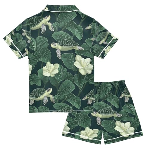 senya Turtle in The Pond Lotus Satin Summer Pajama Sets Silk Short Sleeve Button Down Sleepwear2