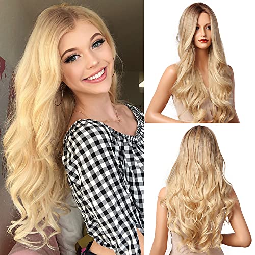 E-FOREST Blonde Wigs for Women Long Wavy Wig Ombre Blonde Wig Long Curly Hair Wig Middle Part Wig Dark Roots Heat Resistant Synthetic Wigs 26 Inch