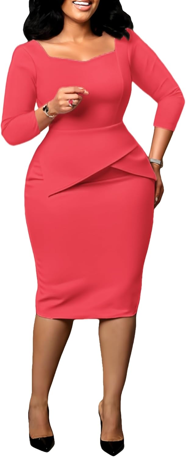 Bodycon Pencil Dress for Women Elegance Church Dresses Midi Teacher Office Modest Business Wear to Work Suiting Outfits 3X-Large Rose Red