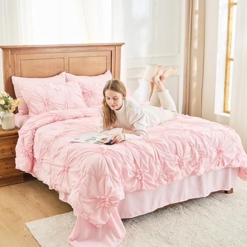 Image of Pink Comforter Set Queen Size Bed in A Bag 7 Piece Pinch Pleat Bedding Set, Pintuck Ruched Flowers Bed Set with Comforter, Sheets, Pillowcases & Shams