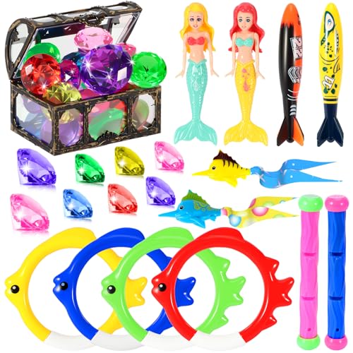 VGOFUN Diving Pool Toys for Kids Ages 3-12, Swimming Pool Toys Water Sinking Toys with Diving Gem Pirate Treasure Chest, Mermaid Toys, Dive Rings Sticks Torpedo Storage Bag for Summer Party Favor